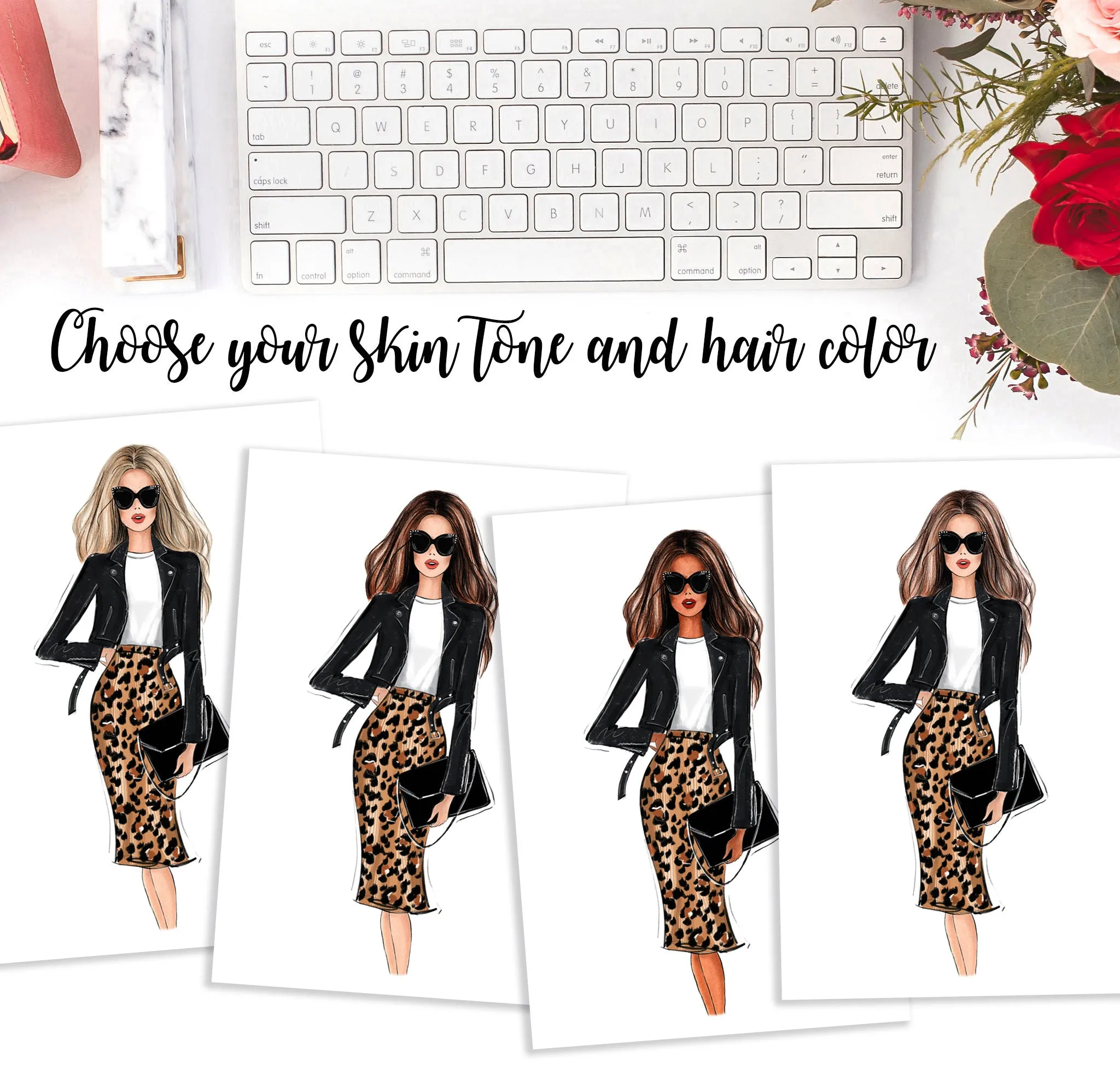 Leopard skirt outfit girl art print fashion illustration