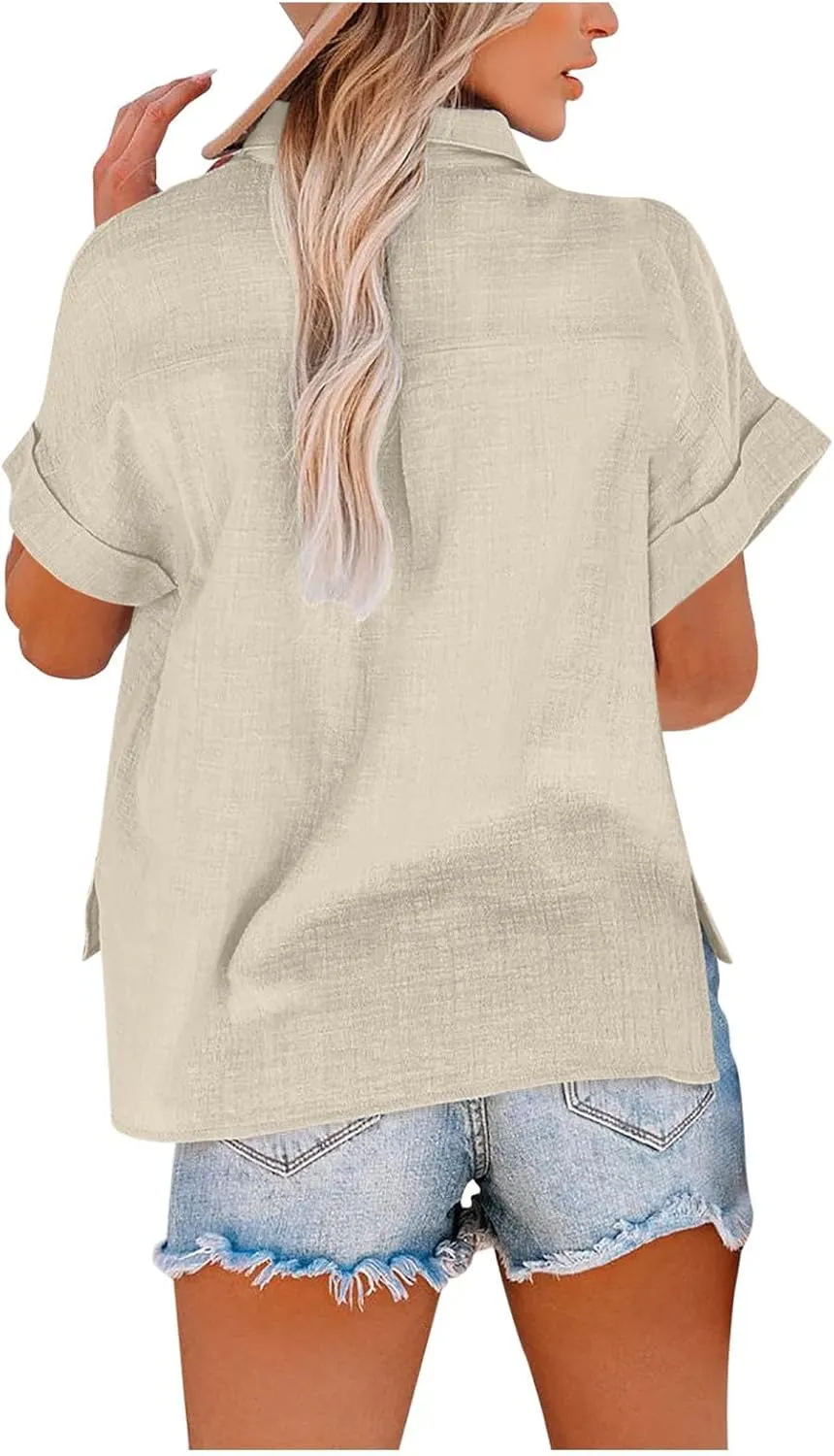 Linen Button Down Shirt Women 2025 Casual Short Sleeve Button Collared Daily Top Blouse Bathing Suit Cover Ups Tops