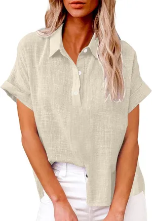 Linen Button Down Shirt Women 2025 Casual Short Sleeve Button Collared Daily Top Blouse Bathing Suit Cover Ups Tops