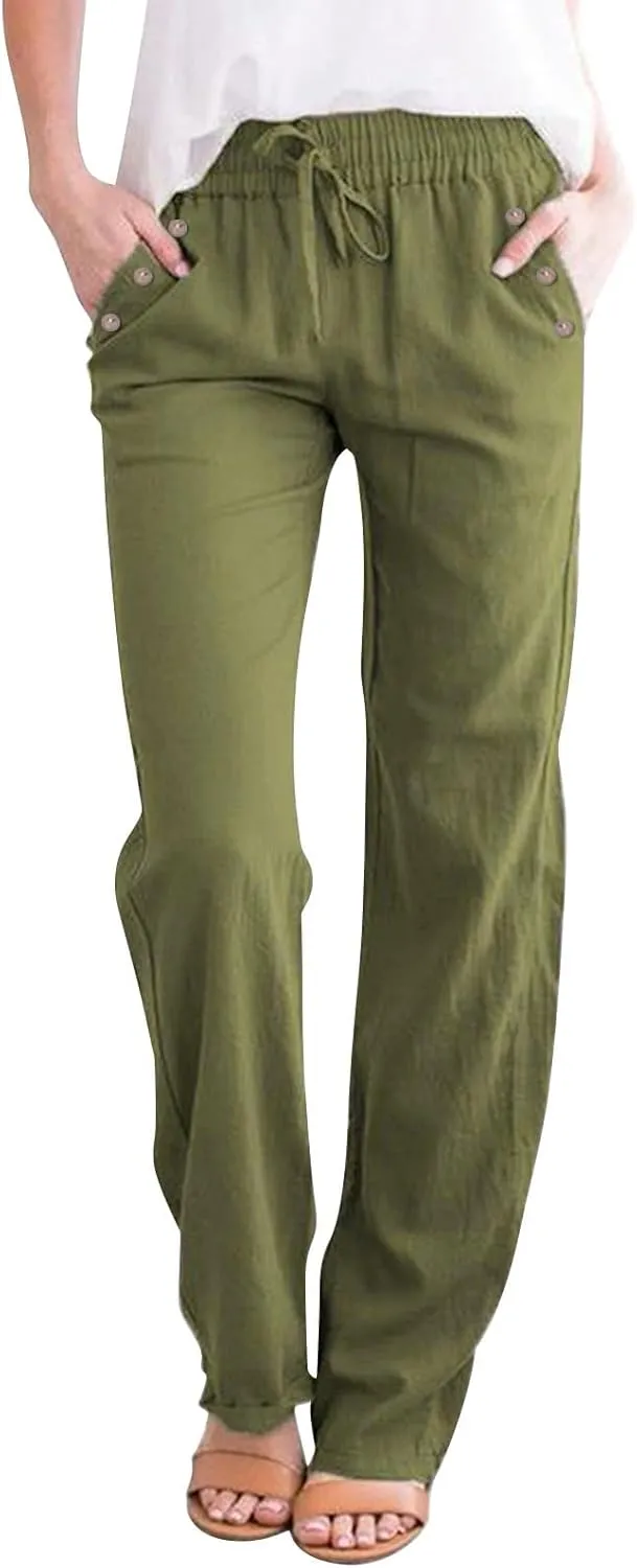 Linen Pants Women Straight Leg Lightweight Elastic Waist Pants Summer Relaxed Fit Plus Size Loose Trousers