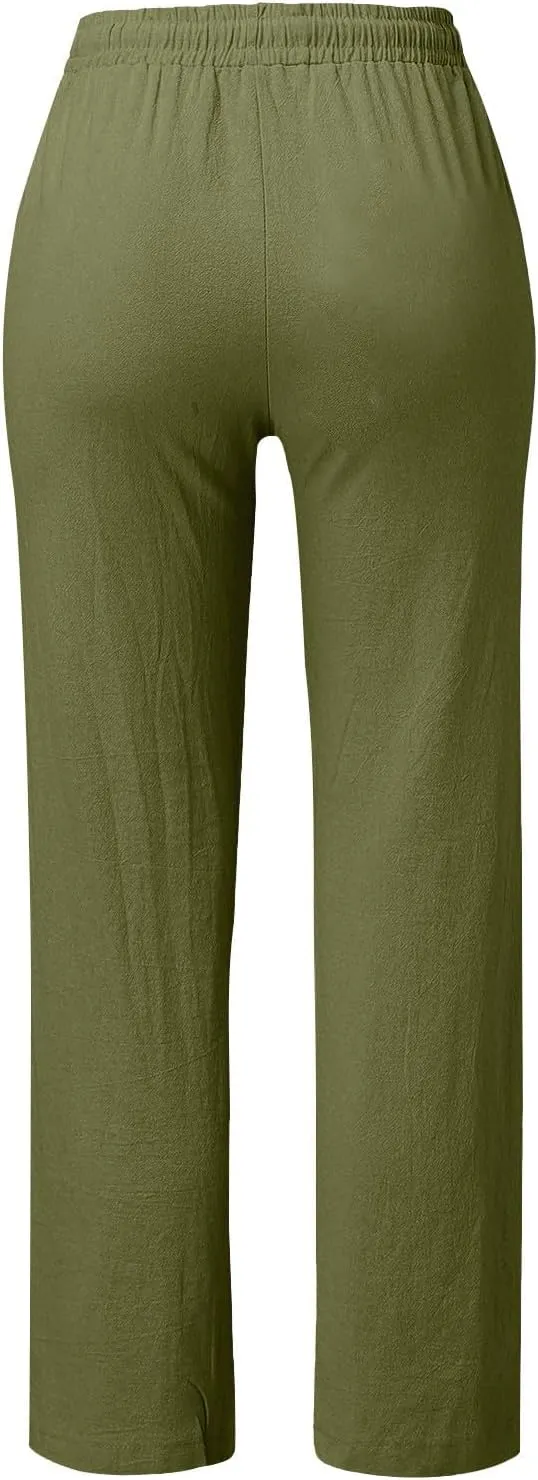 Linen Pants Women Straight Leg Lightweight Elastic Waist Pants Summer Relaxed Fit Plus Size Loose Trousers