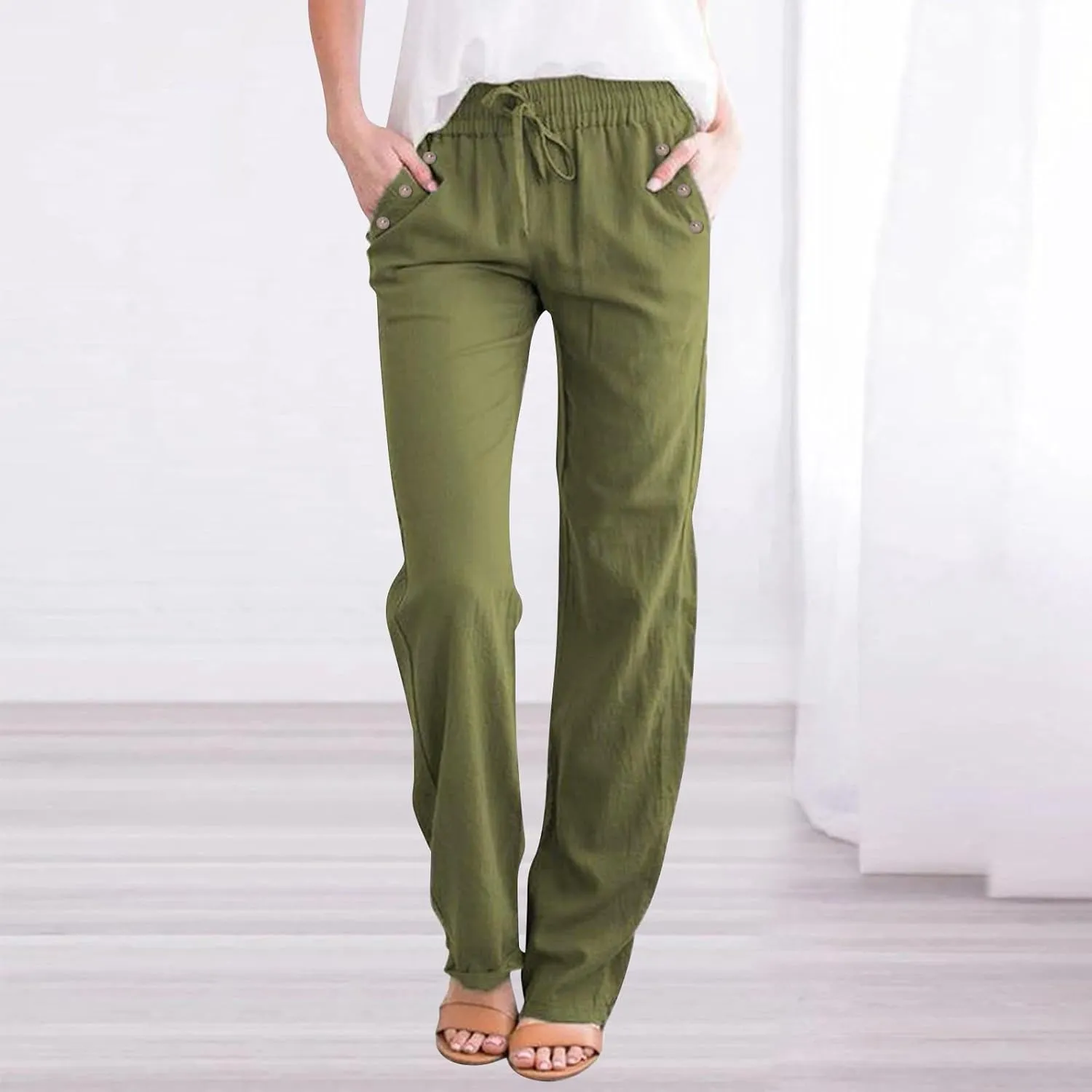 Linen Pants Women Straight Leg Lightweight Elastic Waist Pants Summer Relaxed Fit Plus Size Loose Trousers