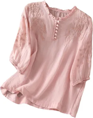 Linen Shirts for Women Summer Flowy Embroidered Cotton Peasant Tops 2025 Elbow Sleeve Cute Boho Tunic Dressy Tops