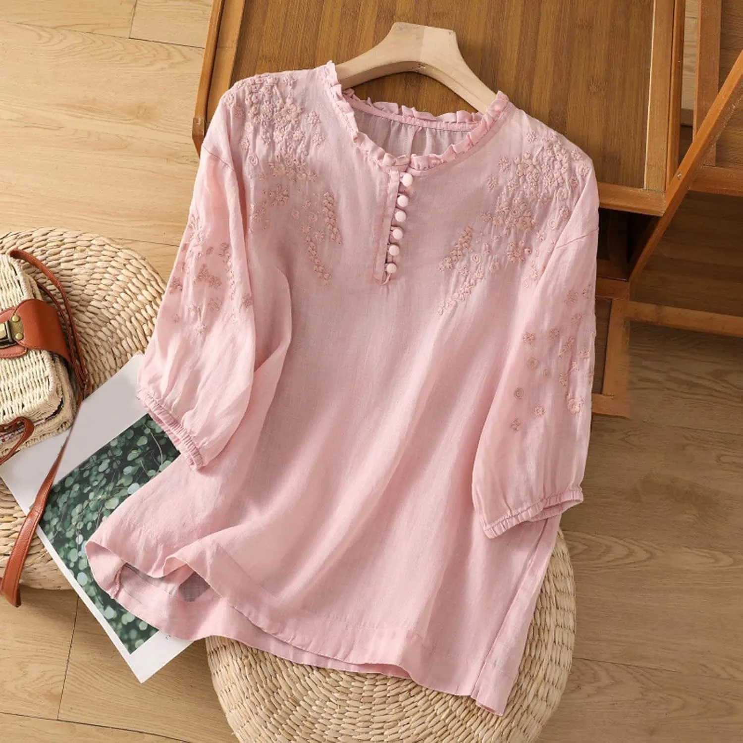Linen Shirts for Women Summer Flowy Embroidered Cotton Peasant Tops 2025 Elbow Sleeve Cute Boho Tunic Dressy Tops