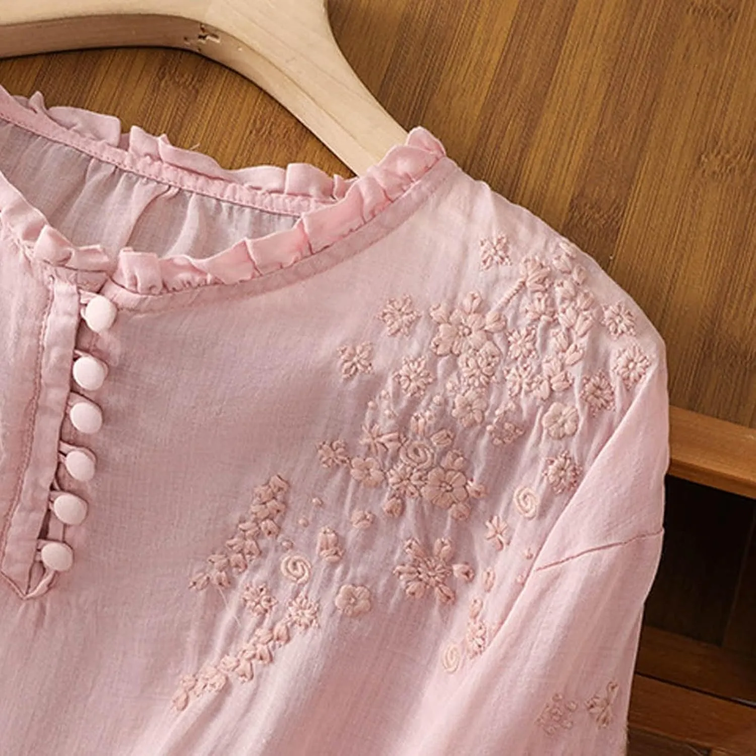 Linen Shirts for Women Summer Flowy Embroidered Cotton Peasant Tops 2025 Elbow Sleeve Cute Boho Tunic Dressy Tops