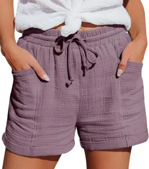 Linen Shorts for Women Summer Drawstring Loose Lounge Shorts Casual Breathable Lightweight Beach Short with Pockets