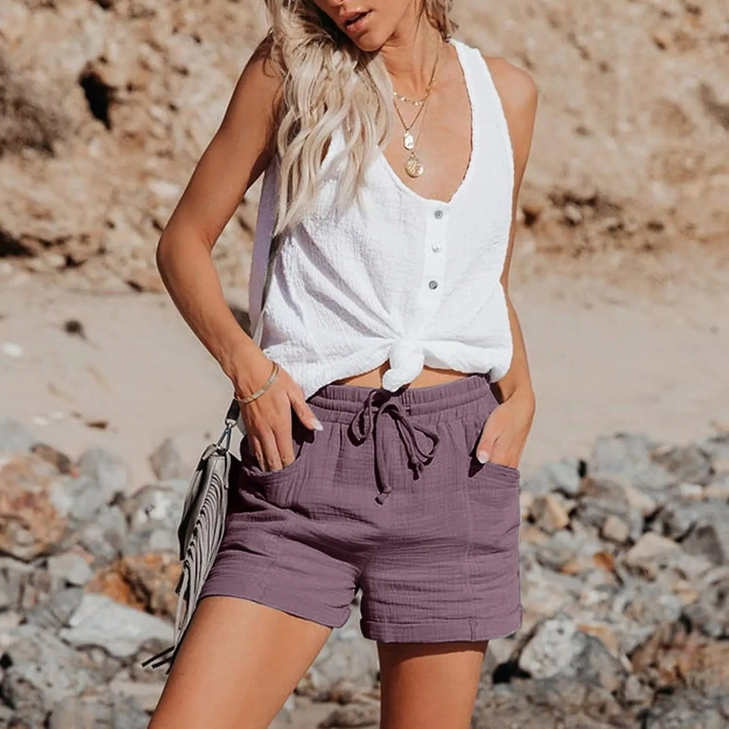 Linen Shorts for Women Summer Drawstring Loose Lounge Shorts Casual Breathable Lightweight Beach Short with Pockets
