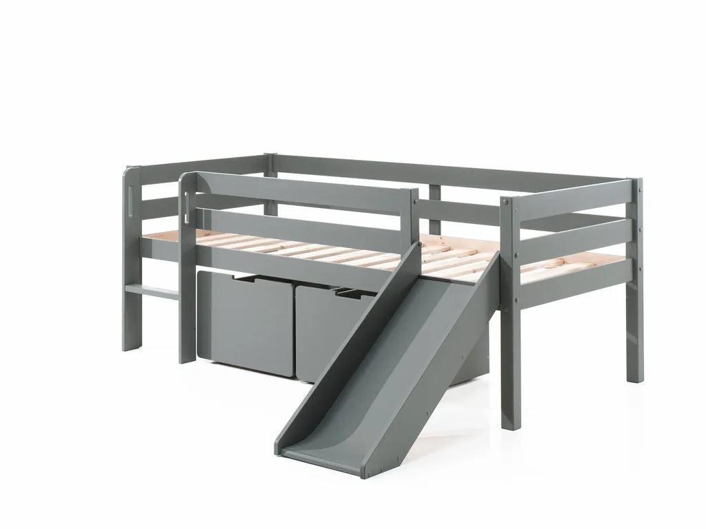 Lit Mi-Hauteur Avec Toboggan & 2 Tiroirs Gris 90 X 200 Cm