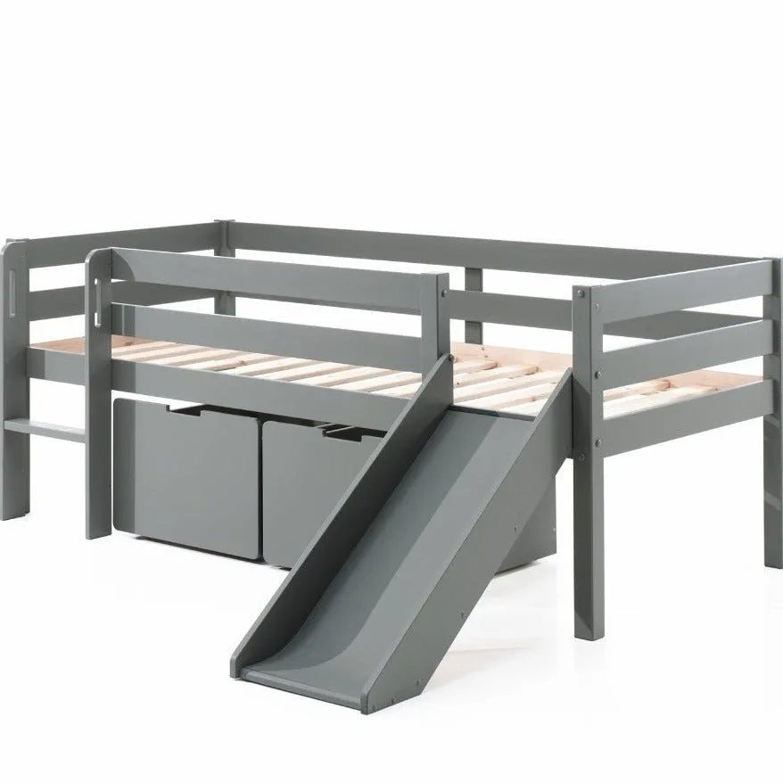 Lit Mi-Hauteur Avec Toboggan & 2 Tiroirs Gris 90 X 200 Cm