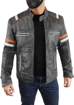 LP-FACON Men's Vintage Leather Jacket - Distressed Black Cafe Racer Retro Biker Genuine Leather Jacket