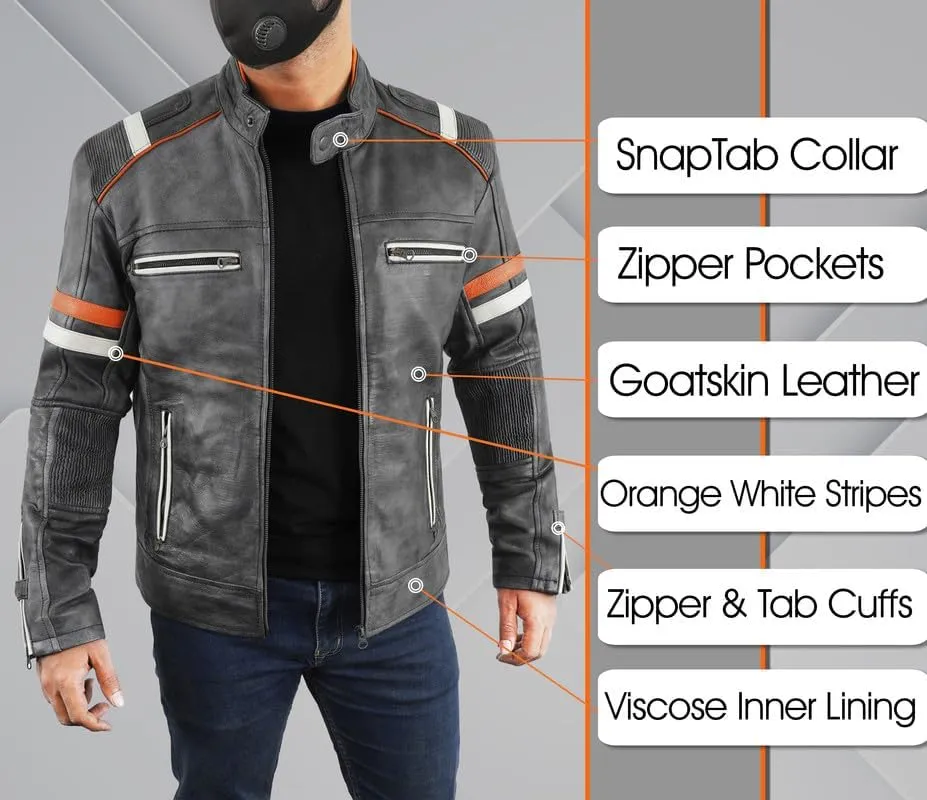 LP-FACON Men's Vintage Leather Jacket - Distressed Black Cafe Racer Retro Biker Genuine Leather Jacket