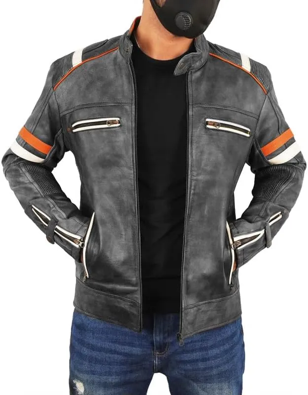LP-FACON Men's Vintage Leather Jacket - Distressed Black Cafe Racer Retro Biker Genuine Leather Jacket