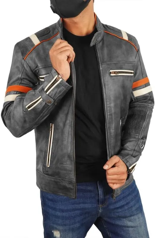 LP-FACON Men's Vintage Leather Jacket - Distressed Black Cafe Racer Retro Biker Genuine Leather Jacket