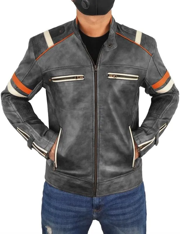 LP-FACON Men's Vintage Leather Jacket - Distressed Black Cafe Racer Retro Biker Genuine Leather Jacket