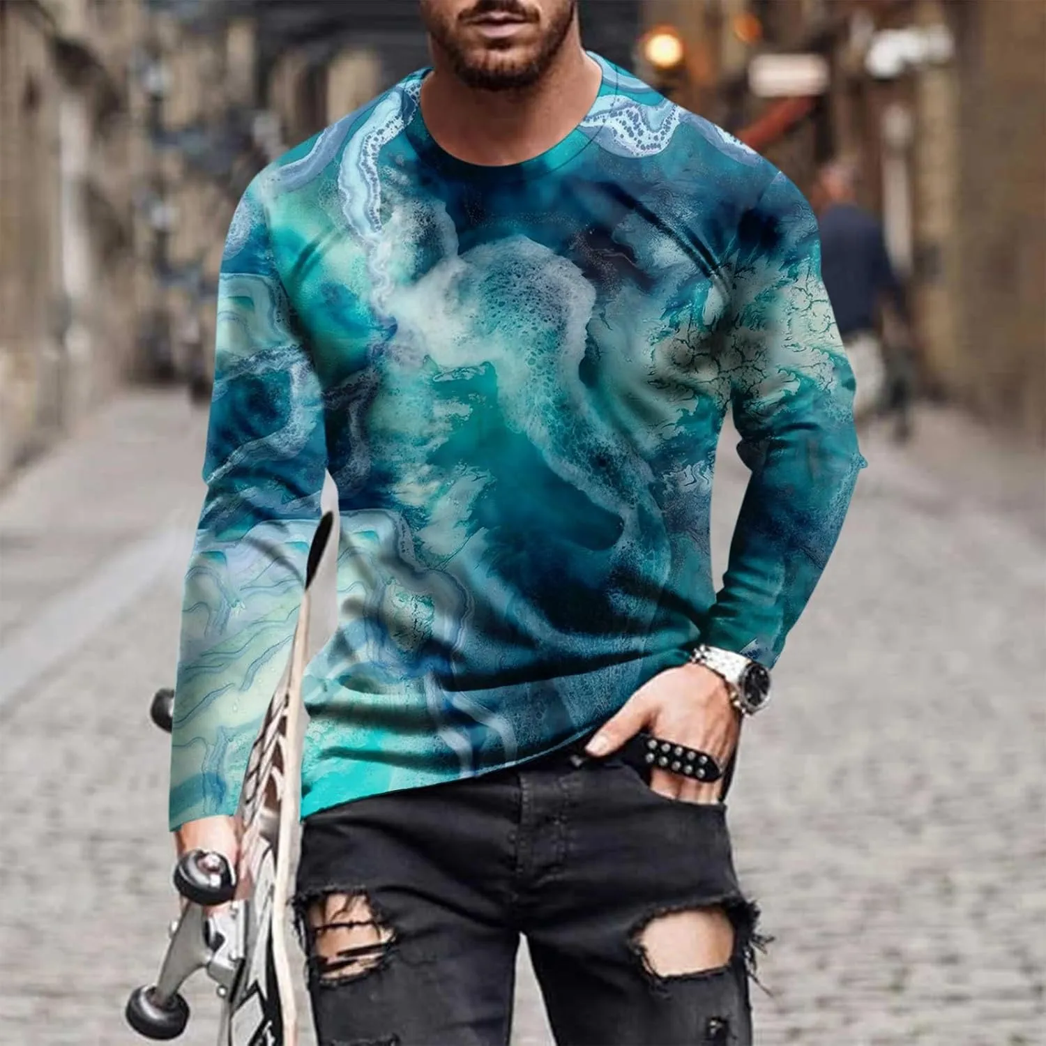 Men's 2023 Autumn Casual T Shirt Graphic Abstract Long Sleeve Print Fashion Shirts Designer Vintage Blouse Tops
