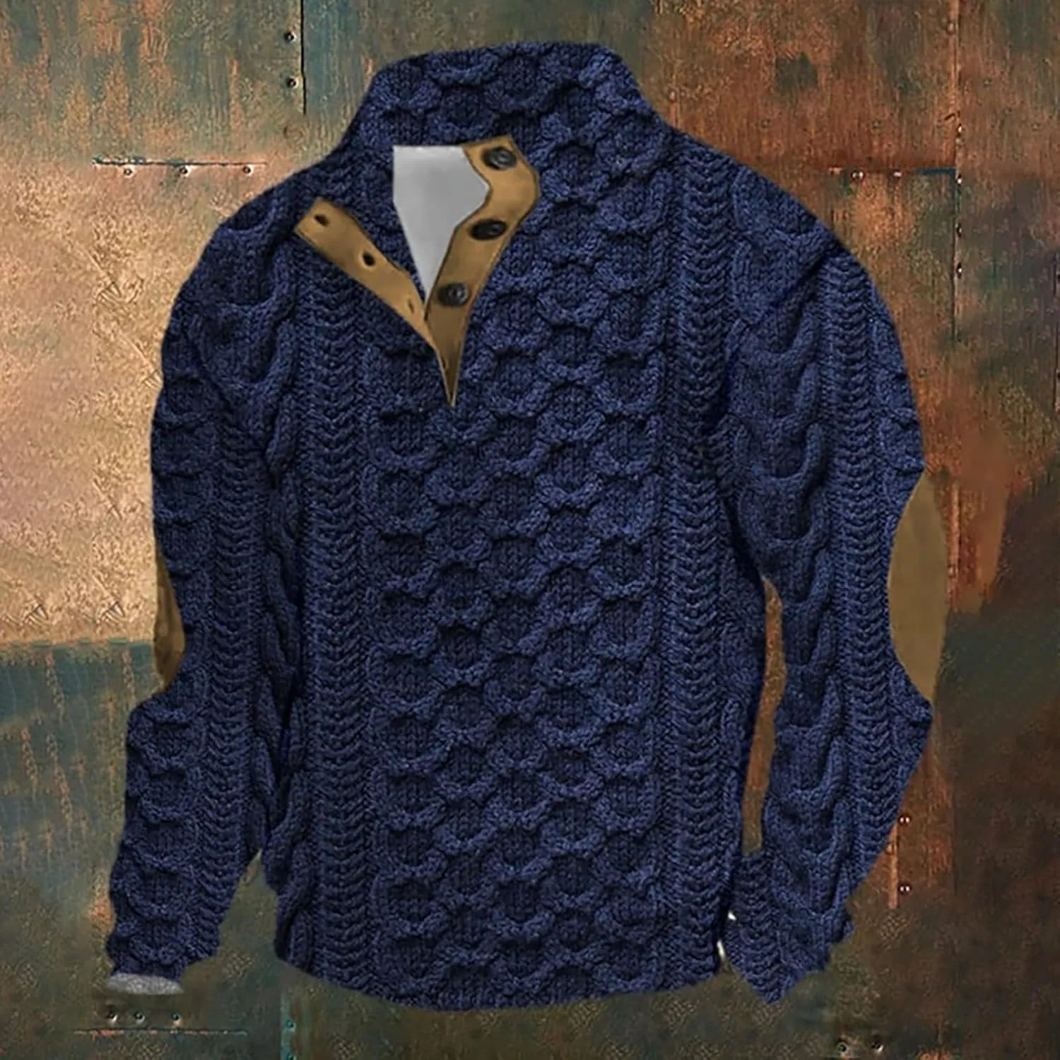 Men's Cable Knit Pullover Sweater Casual Long Sleeve Stand Collar Button Up Knitted Hen ley Pullover