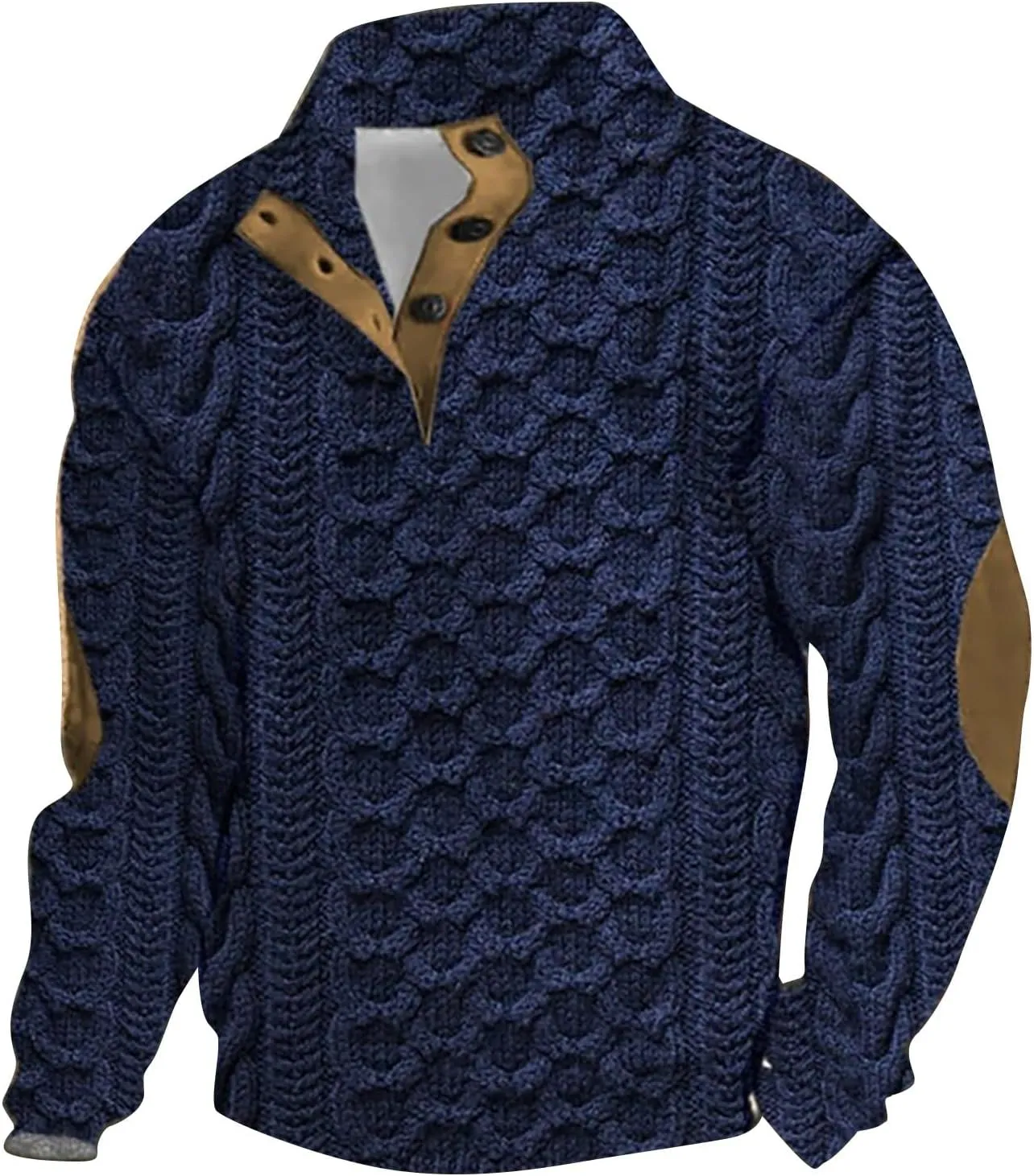 Men's Cable Knit Pullover Sweater Casual Long Sleeve Stand Collar Button Up Knitted Hen ley Pullover