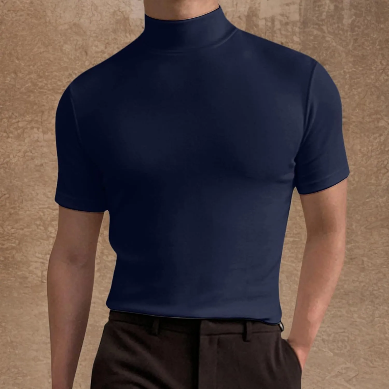 Men's Summer Mock Turtleneck T Shirt Solid High Collar Short Sleeve Tops Basic Slim Undershirt Tees