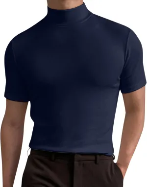 Men's Summer Mock Turtleneck T Shirt Solid High Collar Short Sleeve Tops Basic Slim Undershirt Tees