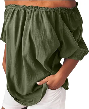 Off Shoulder Tops for Women Trendy Cotton Linen Oversized Tops Elastic Ruffle Trim Shirts Summer Loose Fit Blouse Top