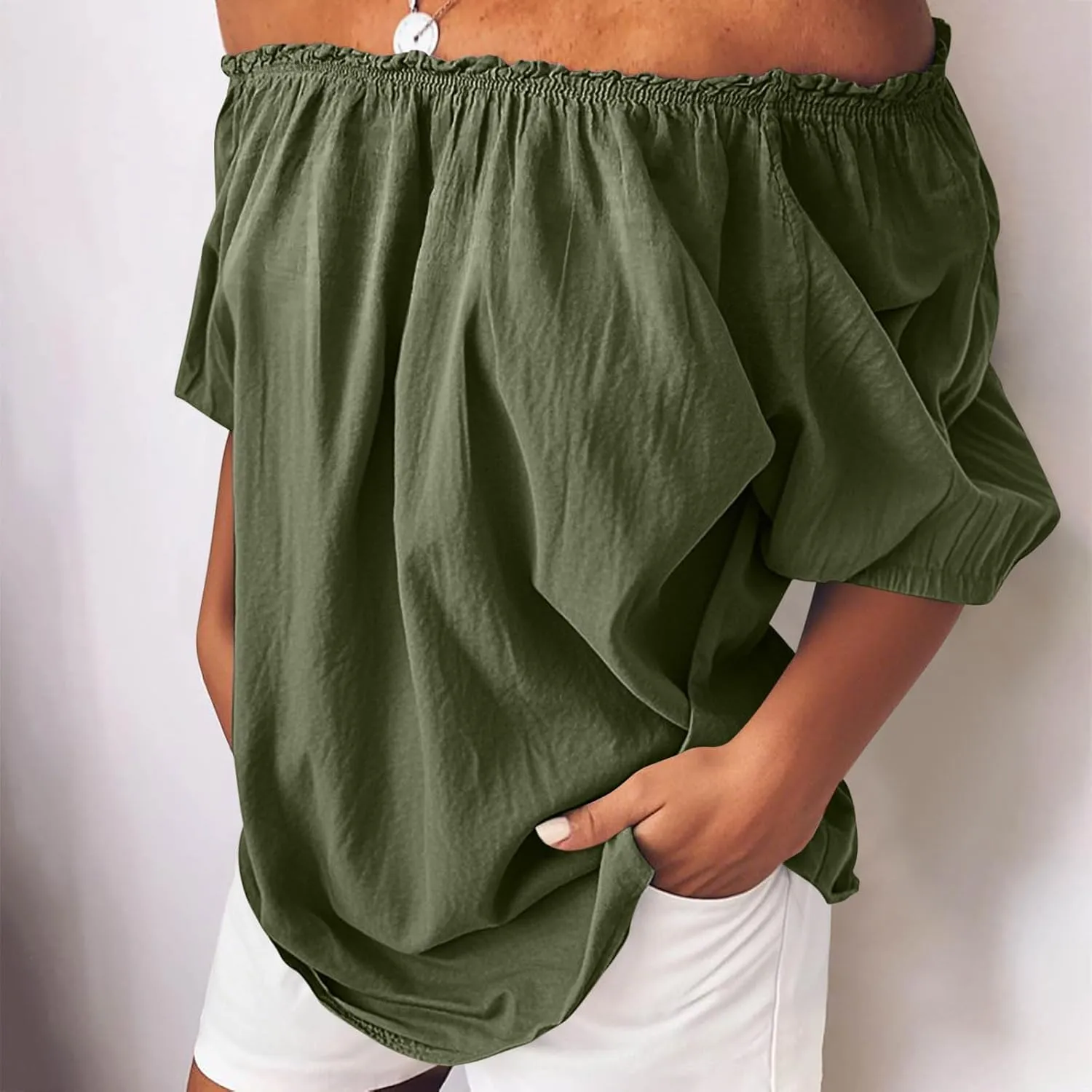 Off Shoulder Tops for Women Trendy Cotton Linen Oversized Tops Elastic Ruffle Trim Shirts Summer Loose Fit Blouse Top
