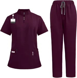 Scrubs for Women Set Stretch V-Neck Scrub Tops with Pockets & Cargo Pant Quick Drying Solid Nurse Uniform