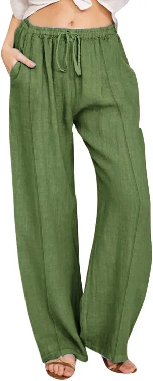 SHAOBGE Cotton Linen Pants for Women Summer Wide Leg Casual Loose Drawstring High Waist Palazzo Pants Trousers with Pockets