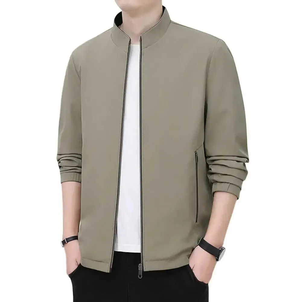 Spring Men Jacket Mid-aged Man's Fall Winter Business Travel Jacket with Stand Collar Zip-up Closure Zipper Pockets for Father