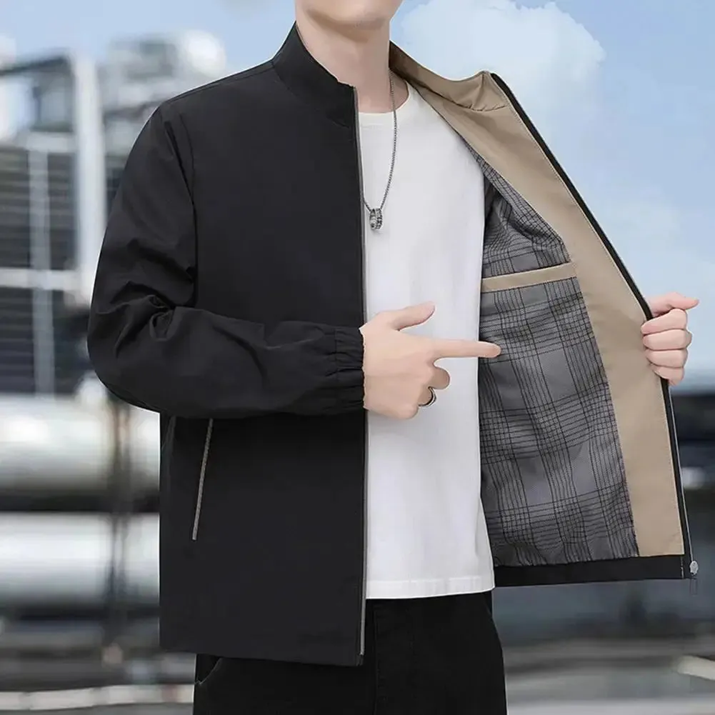Spring Men Jacket Mid-aged Man's Fall Winter Business Travel Jacket with Stand Collar Zip-up Closure Zipper Pockets for Father