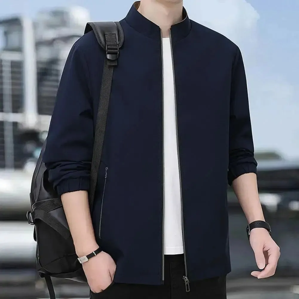Spring Men Jacket Mid-aged Man's Fall Winter Business Travel Jacket with Stand Collar Zip-up Closure Zipper Pockets for Father
