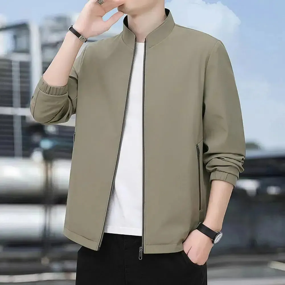Spring Men Jacket Mid-aged Man's Fall Winter Business Travel Jacket with Stand Collar Zip-up Closure Zipper Pockets for Father