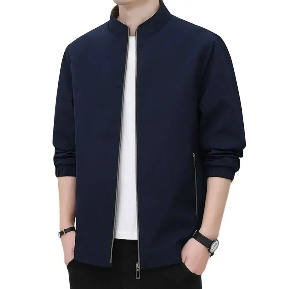 Spring Men Jacket Mid-aged Man's Fall Winter Business Travel Jacket with Stand Collar Zip-up Closure Zipper Pockets for Father
