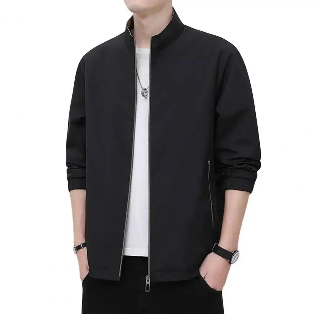 Spring Men Jacket Mid-aged Man's Fall Winter Business Travel Jacket with Stand Collar Zip-up Closure Zipper Pockets for Father
