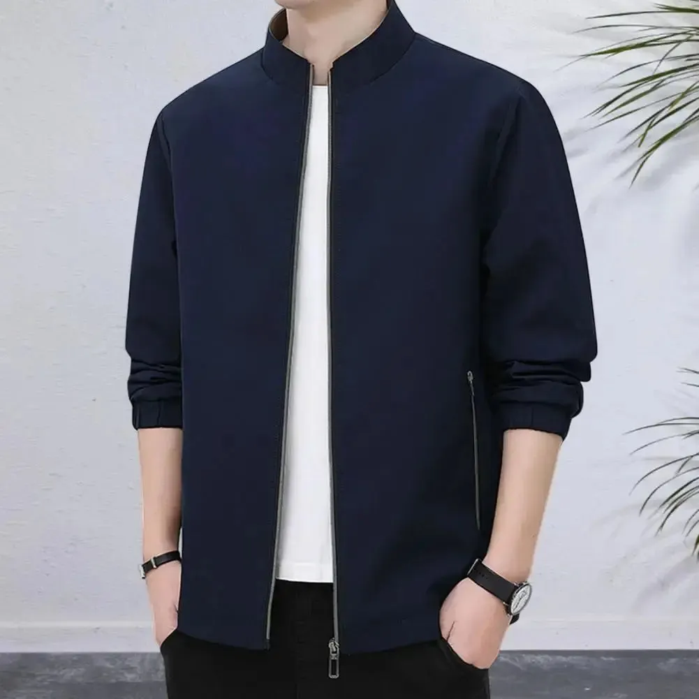 Spring Men Jacket Mid-aged Man's Fall Winter Business Travel Jacket with Stand Collar Zip-up Closure Zipper Pockets for Father