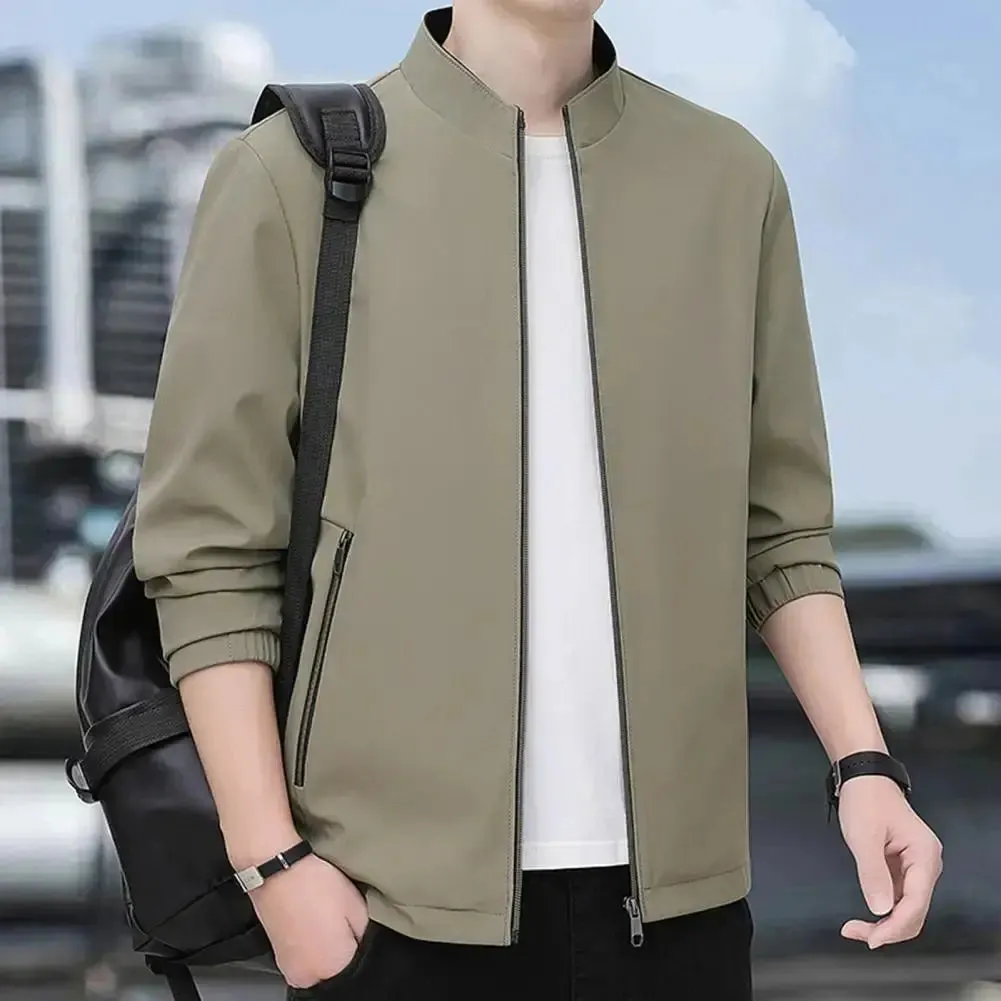 Spring Men Jacket Mid-aged Man's Fall Winter Business Travel Jacket with Stand Collar Zip-up Closure Zipper Pockets for Father