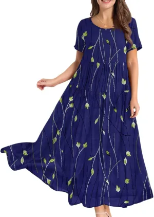 Summer Dresses for Women 2025 Sundress Loose Short Sleeve Print Maxi Dresses Casual Boho Vacation Travel Dress