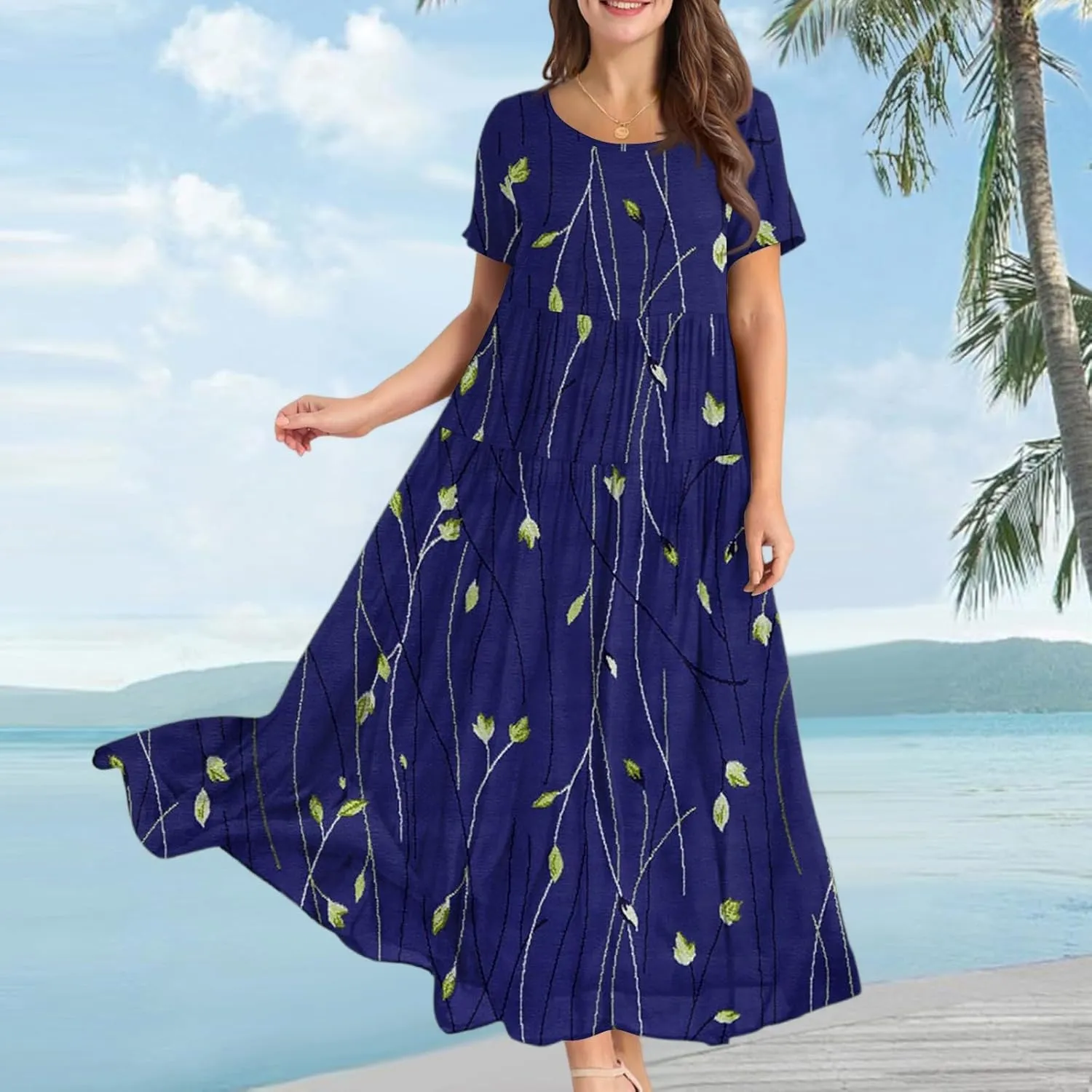 Summer Dresses for Women 2025 Sundress Loose Short Sleeve Print Maxi Dresses Casual Boho Vacation Travel Dress