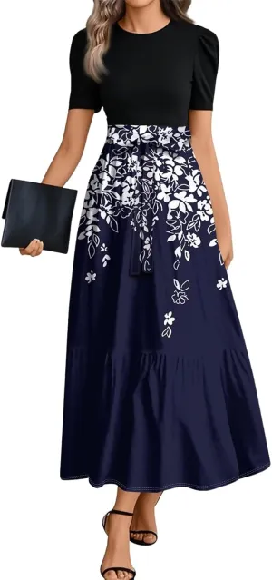 Summer Dresses for Women Casual A-Line Maxi Dress Elegant Flowy Long Dress High Waist Floral Printrd Dress with Belt