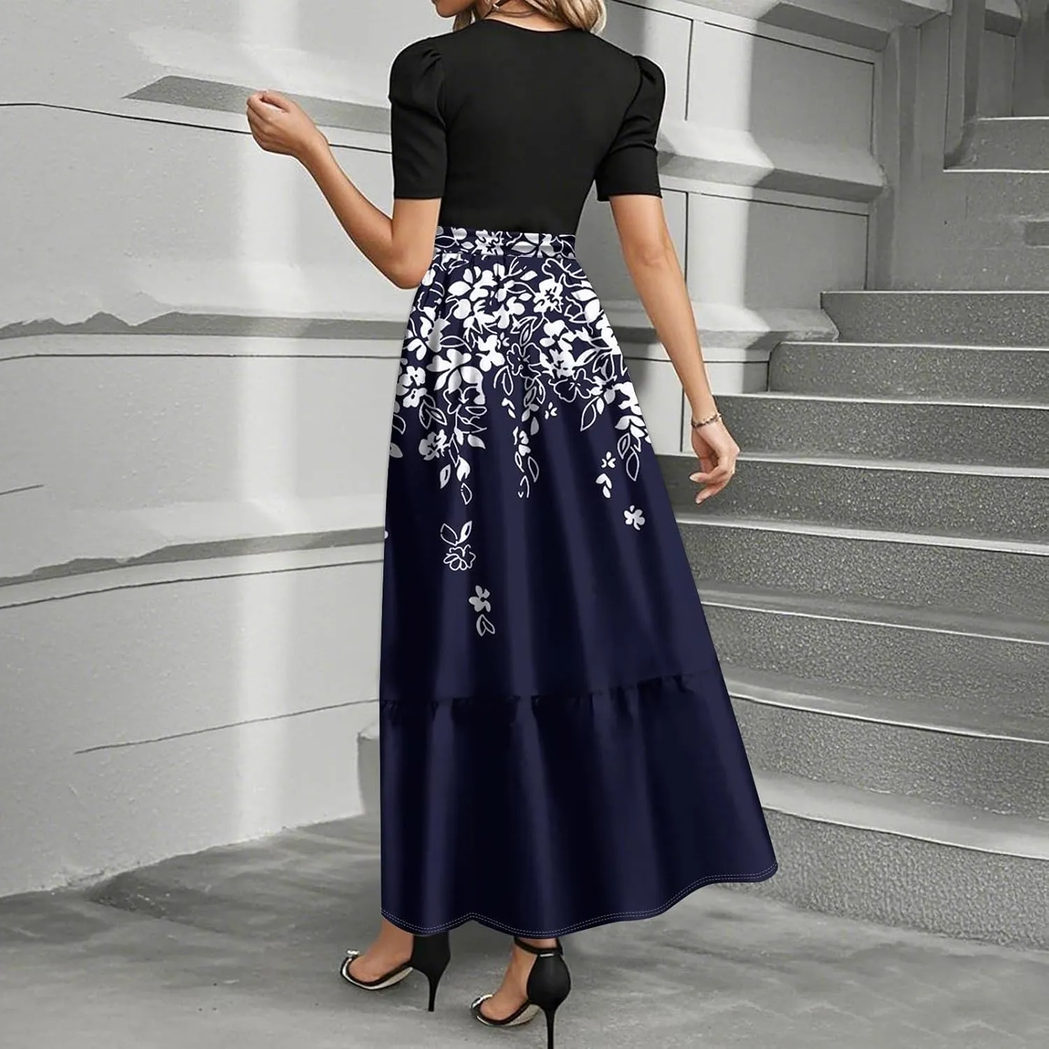 Summer Dresses for Women Casual A-Line Maxi Dress Elegant Flowy Long Dress High Waist Floral Printrd Dress with Belt