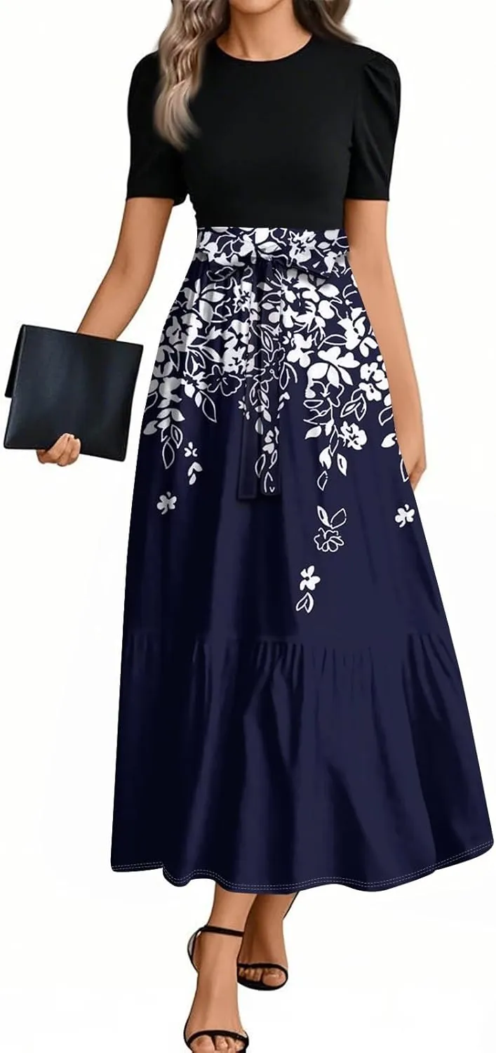 Summer Dresses for Women Casual A-Line Maxi Dress Elegant Flowy Long Dress High Waist Floral Printrd Dress with Belt