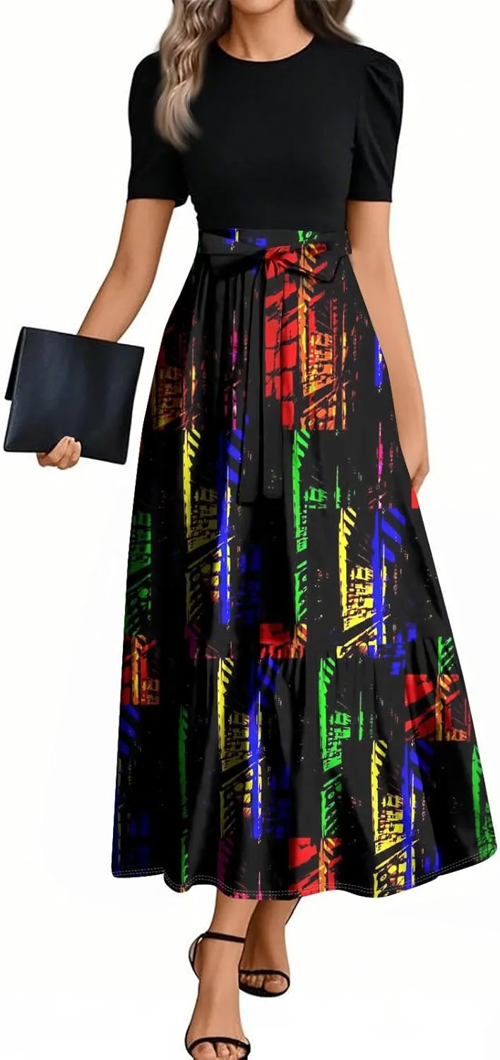 Summer Dresses for Women Floral Printrd A-Line Dress with Belt Flowy High Waist Maxi Dress Casual Elegant Long Dress