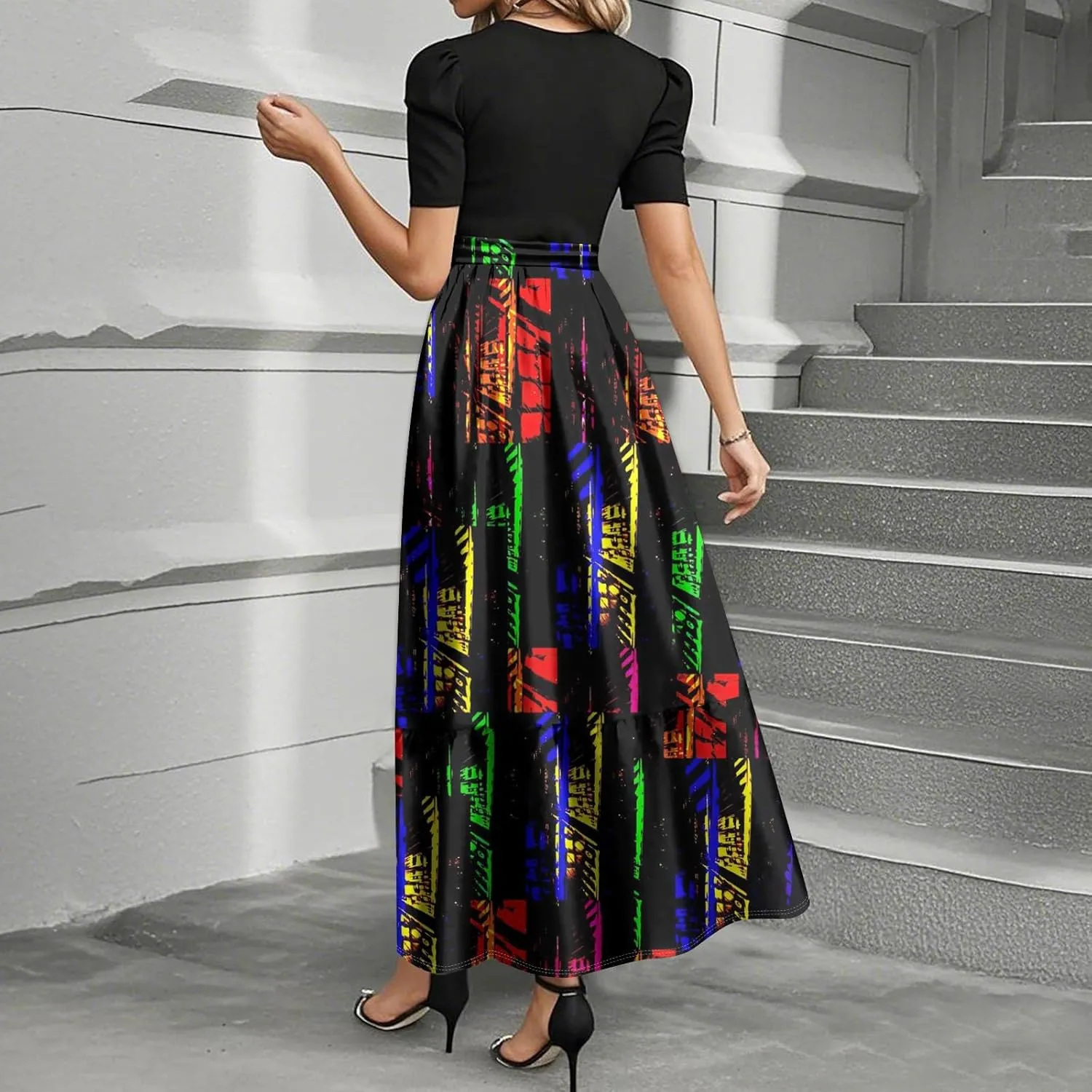 Summer Dresses for Women Floral Printrd A-Line Dress with Belt Flowy High Waist Maxi Dress Casual Elegant Long Dress