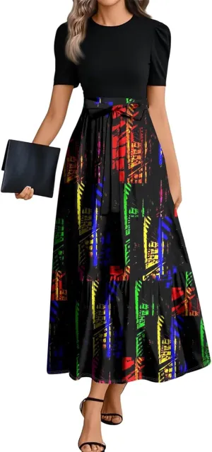 Summer Dresses for Women Floral Printrd A-Line Dress with Belt Flowy High Waist Maxi Dress Casual Elegant Long Dress