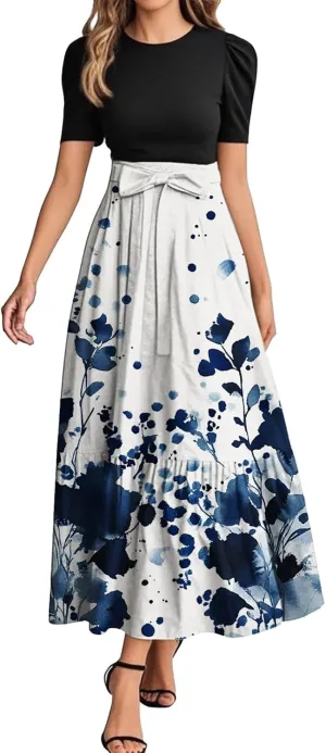 Summer Dresses for Women Flowy Patchwork Empire Waist Maxi Dress Tie Belted Floral Short Sleeve Dress Elegant Dress