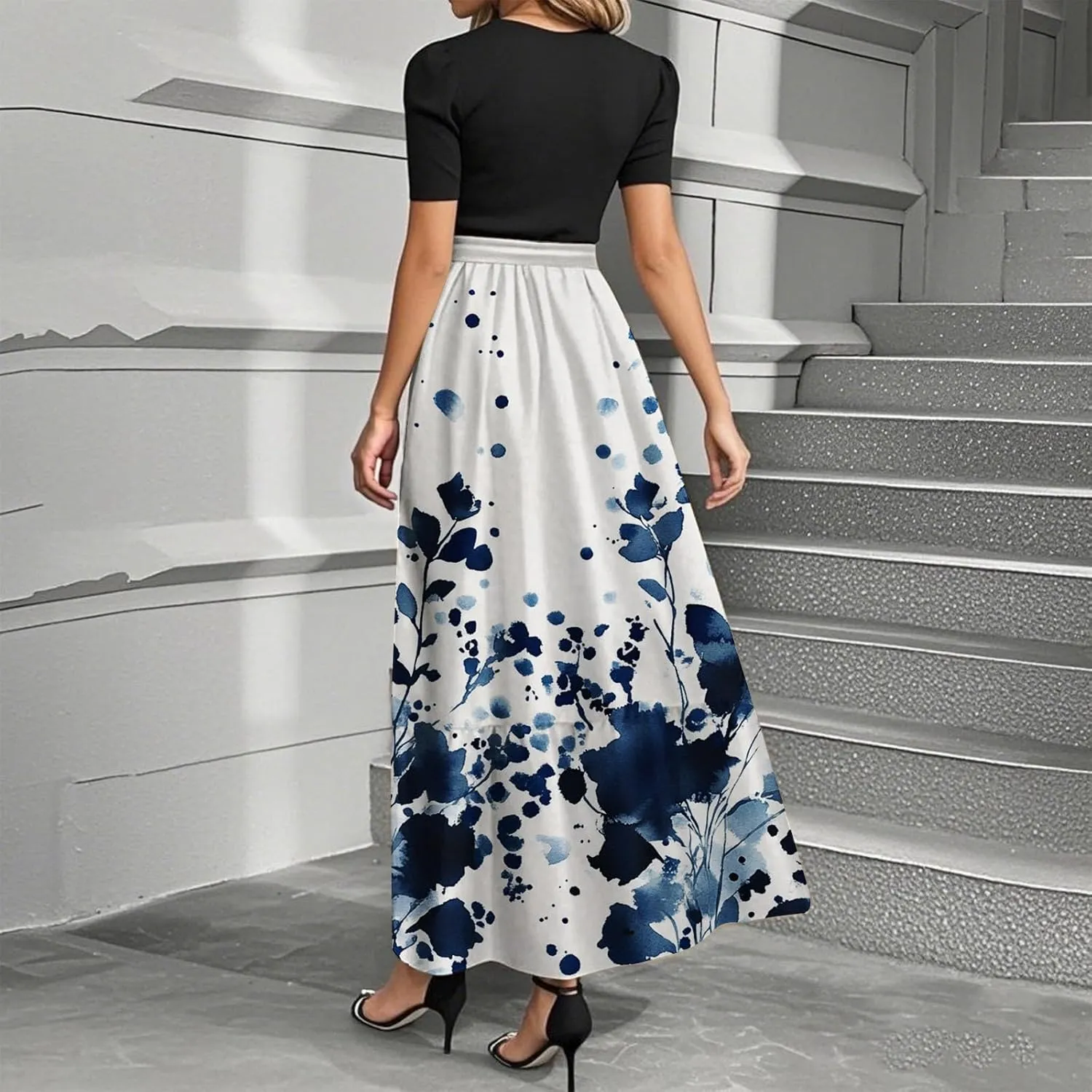 Summer Dresses for Women Flowy Patchwork Empire Waist Maxi Dress Tie Belted Floral Short Sleeve Dress Elegant Dress