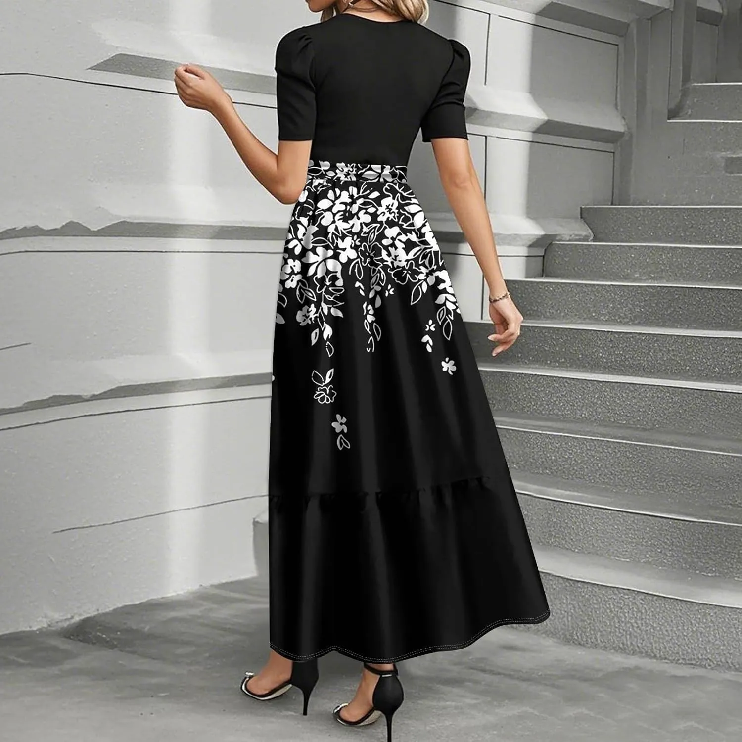 Summer Dresses for Women High Waist Elegant Dress with Belt Casual Floral Printrd Maxi Dress A-Line Flowy Long Dress