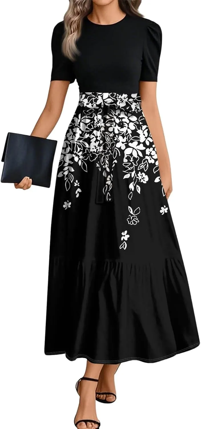 Summer Dresses for Women High Waist Elegant Dress with Belt Casual Floral Printrd Maxi Dress A-Line Flowy Long Dress