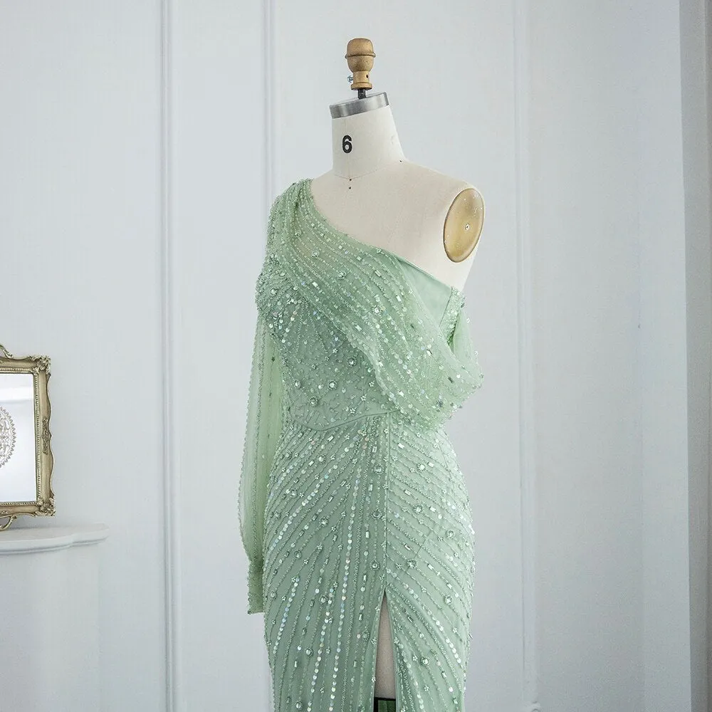 Vestido de Festa Longo com Manga Única Detalhado - Modelo Especial (Pronta Entrega)