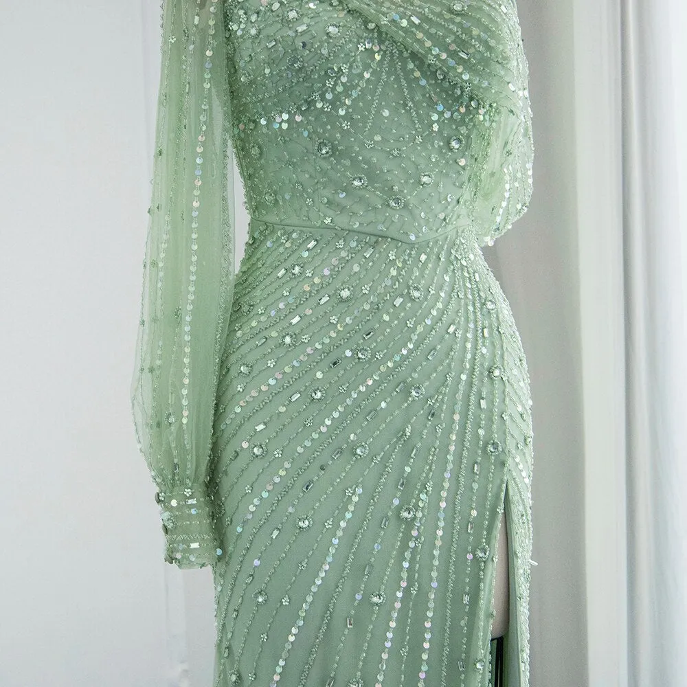 Vestido de Festa Longo com Manga Única Detalhado - Modelo Especial (Pronta Entrega)
