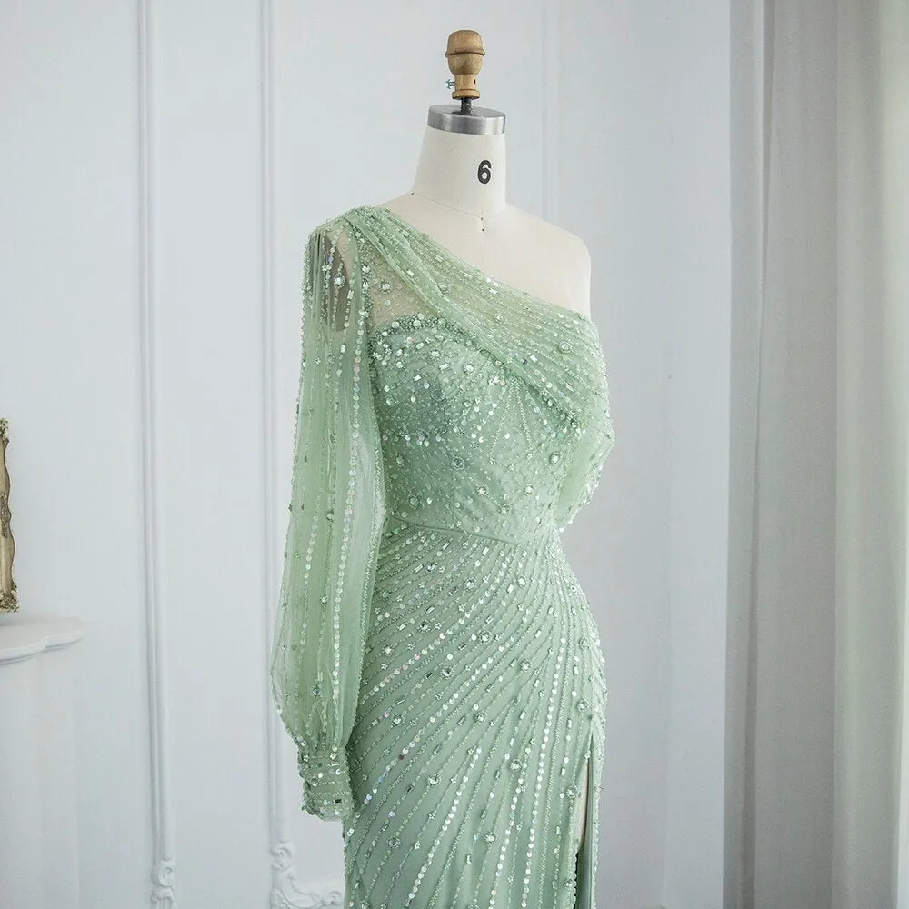 Vestido de Festa Longo com Manga Única Detalhado - Modelo Especial (Pronta Entrega)